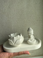 Conjunto decorativo de bandeja + porta velas de flor de loto + buda ✨